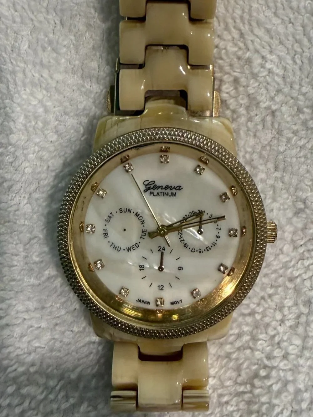 Geneva Platinum Ivory Link Watch Crystal Marker Multi Dial Betty
